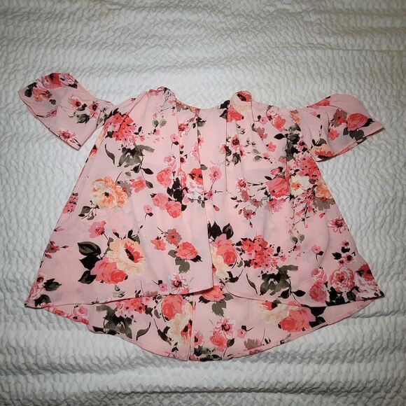 Francesca's Blue Rain Off The Shoulder Pink Floral Open Back Blouse Top Coquette - Picture 1 of 6